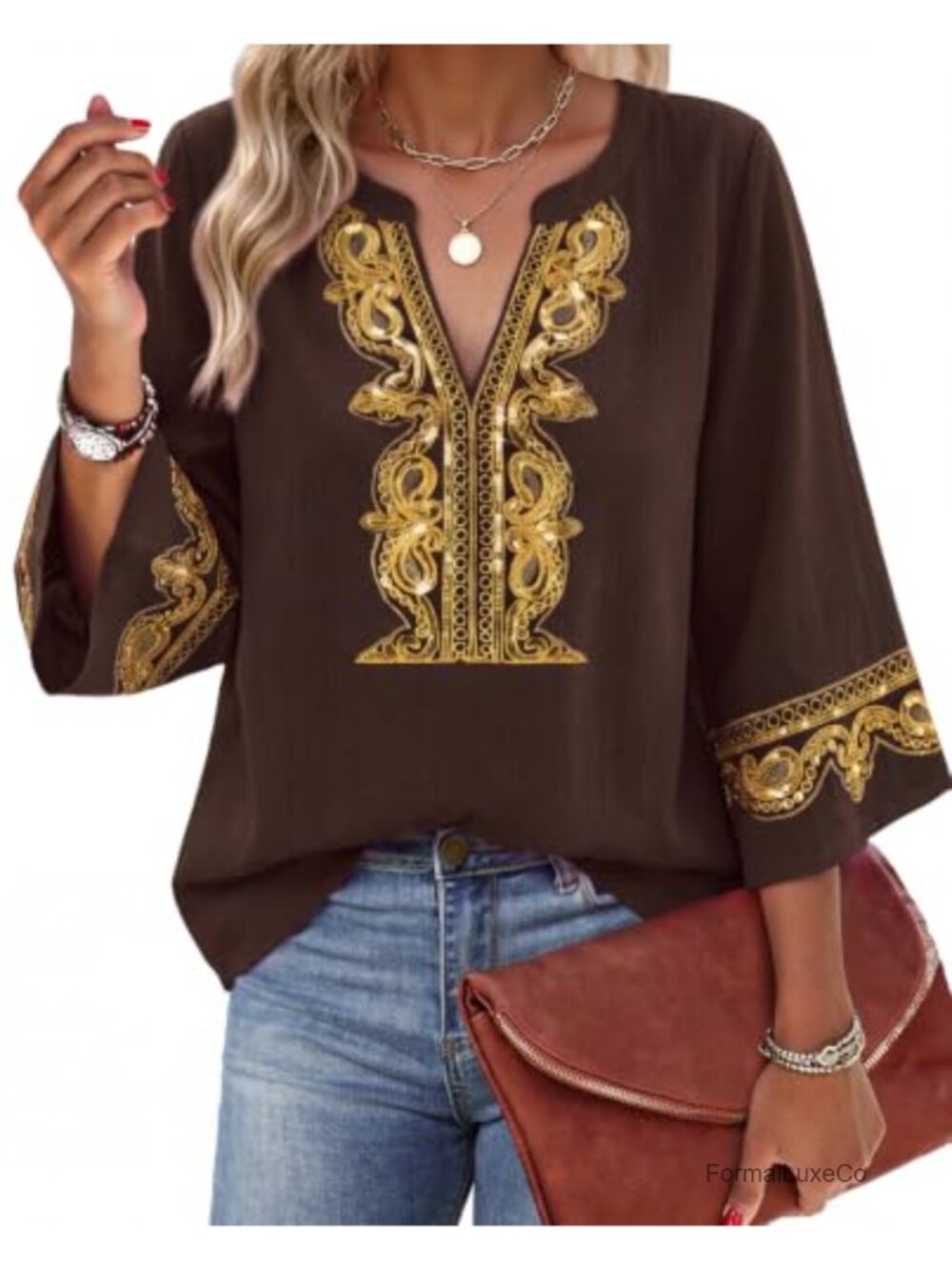 Embroidered Lace V Neck Tunic Top 3/4 Bell Sleeve Blouse